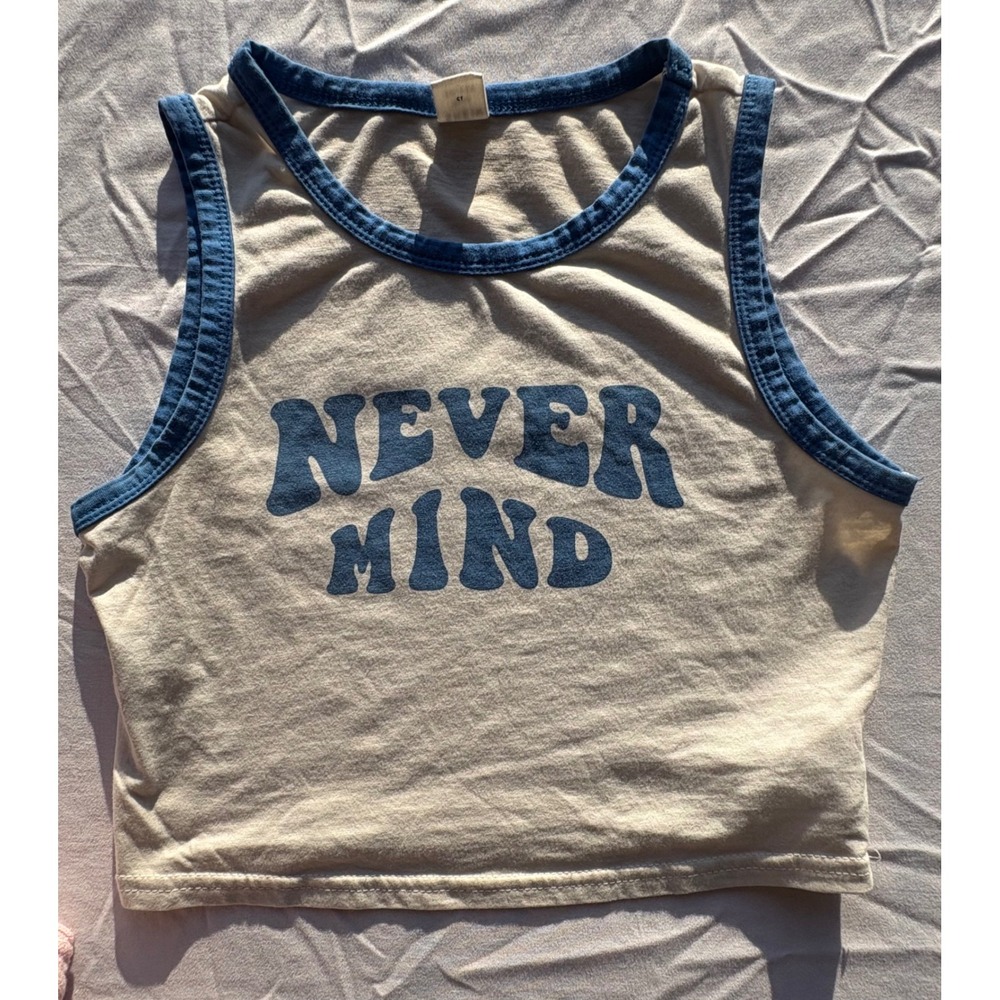 SHEIN Teen Never Mind Graphic Ringer Tank Top Cream Blue Size 10-11Y Cropped